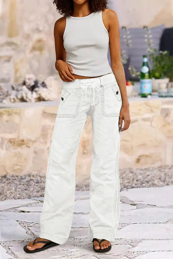 Solid Seam Detail Drawstring Mid Rise Straight Leg Pants