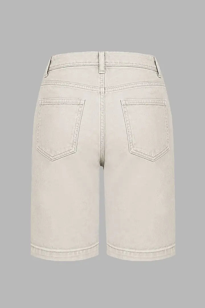 Solid Patch Pocket Dual Button Roll Hem High Rise Bermuda Shorts