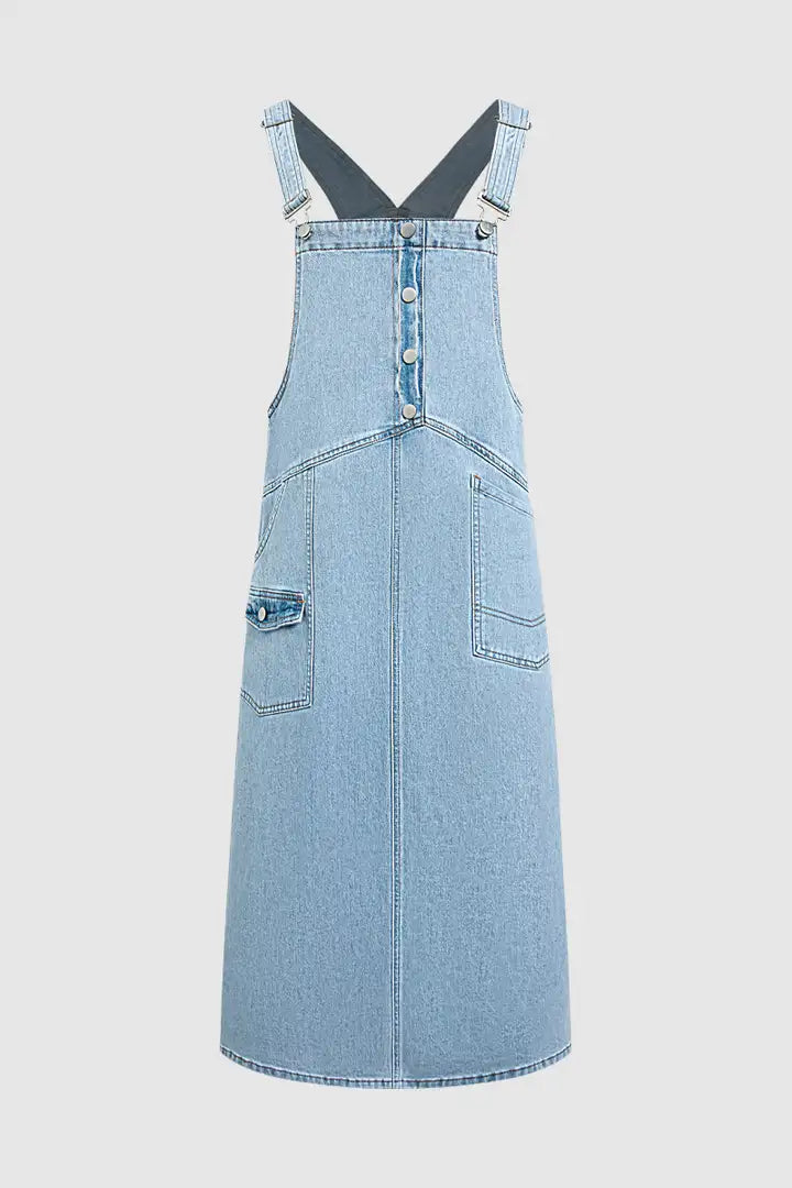 Wash Flap Pocket Stitch Detail High Waist Long Overall Dress