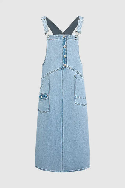 Wash Flap Pocket Stitch Detail High Waist Long Overall Dress