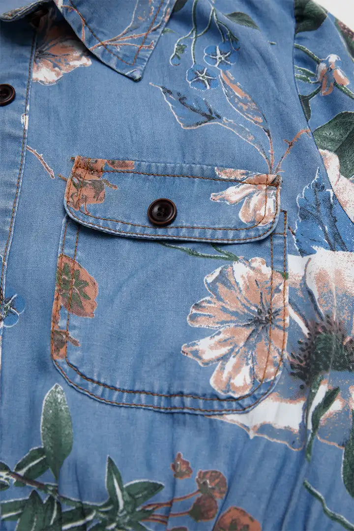 Floral Print Flap Pocket Button Up Short Sleeve Maxi Dress