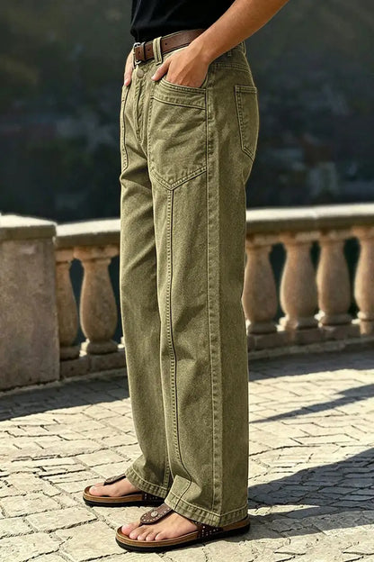 Solid Stitch Detail Patch Pocket Mid Rise Straight Leg Pants