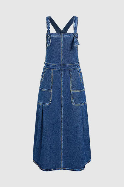 Wash Patch Pocket Pleated Long Denim Overall Dress