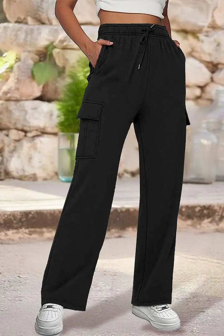 Solid Flap Pocket Elastic High Rise Straight Leg Pull-On Cargo Pants
