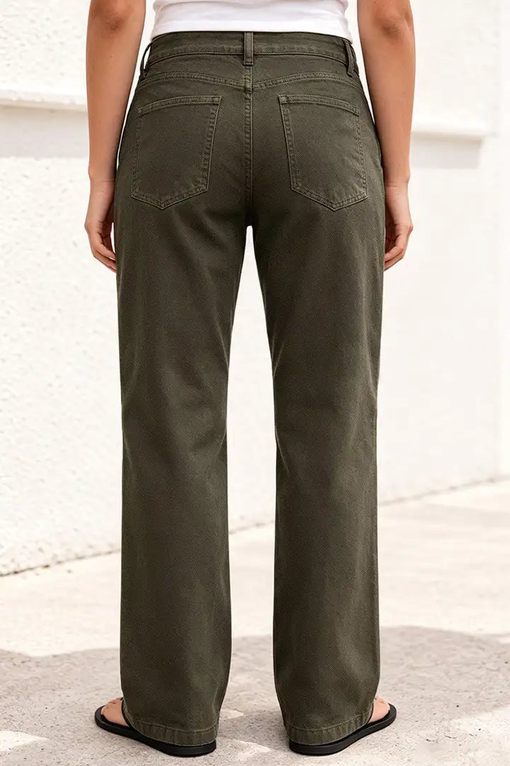 Solid Pleated Seam Front Mid Waist Straight Leg Pants