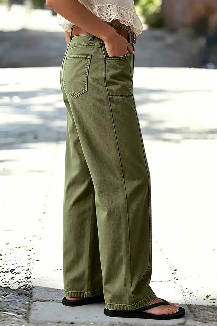 Solid Stitch Detail Mid Waist Straight Leg Pants Without Belt