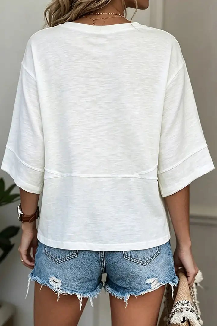 Solid Stitch Detail Round Neck Three Quarter Length Sleeve T-Shirt