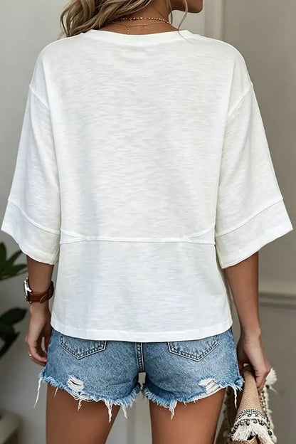 Solid Stitch Detail Round Neck Three Quarter Length Sleeve T-Shirt