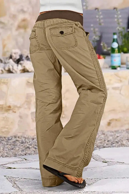 Solid Seam Detail Drawstring Mid Rise Straight Leg Pants