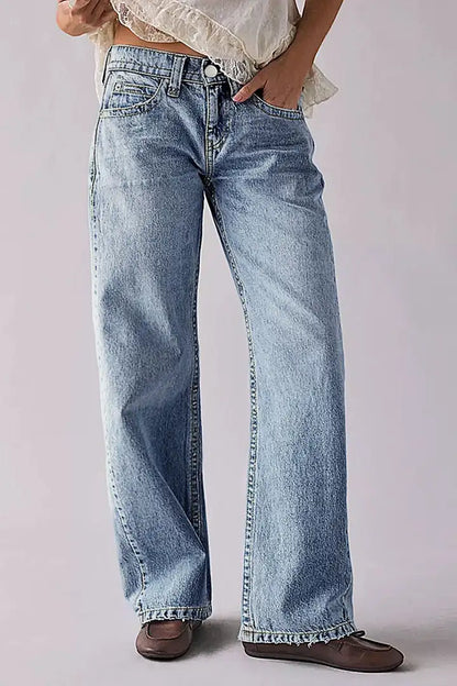 Wash Raw Hem Mid Rise Straight Leg Jeans