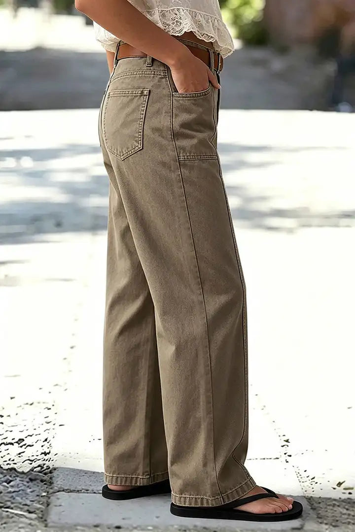 Solid Stitch Detail Mid Waist Straight Leg Pants Without Belt