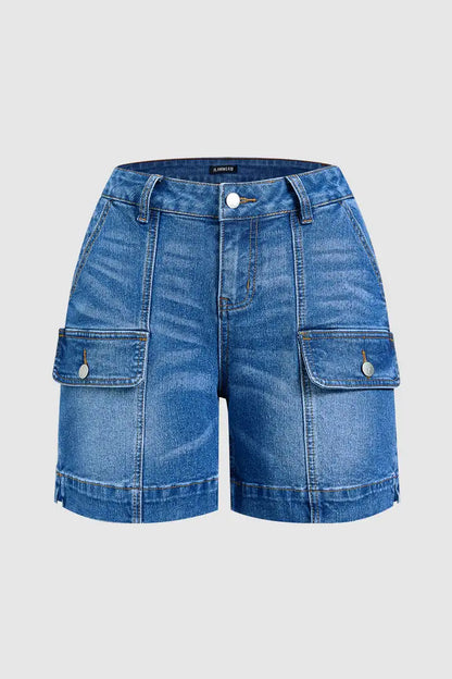 Wash Flap Pocket Split Hem Mid Rise Mid Thigh Cargo Denim Shorts Without Belt