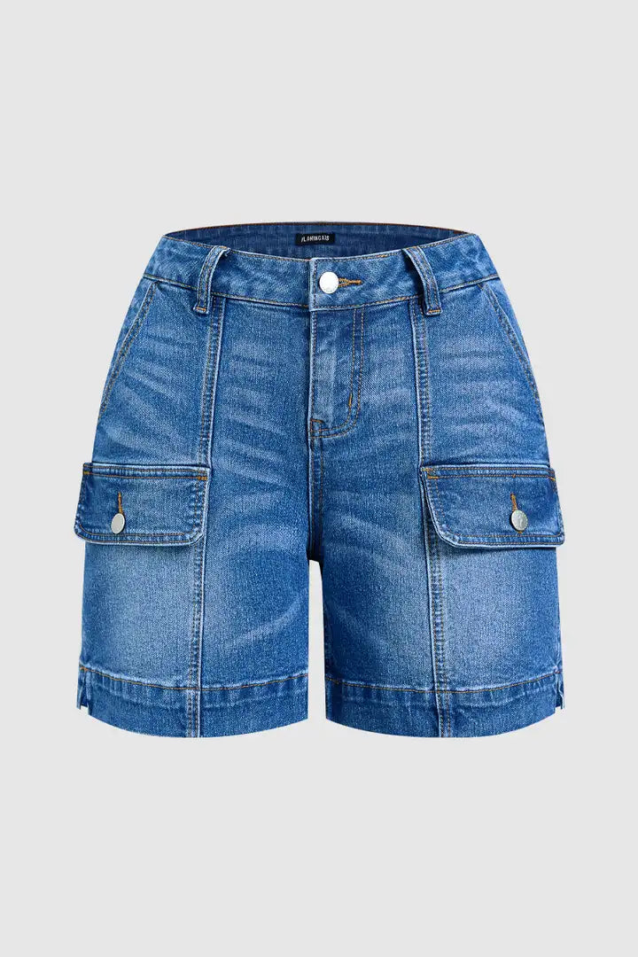Wash Flap Pocket Split Hem Mid Rise Mid Thigh Cargo Denim Shorts Without Belt