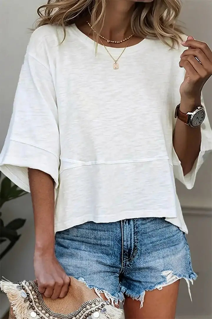 Solid Stitch Detail Round Neck Three Quarter Length Sleeve T-Shirt