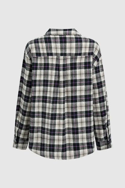 Plaid Pattern Patch Pocket Button Up Long Sleeve Shacket