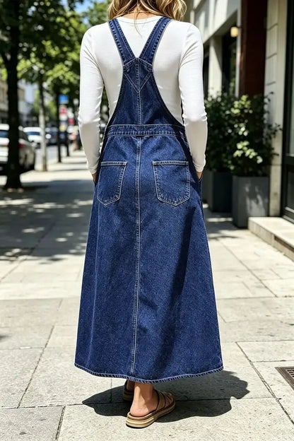 Wash Patch Pocket Pleated Long Denim Overall Dress