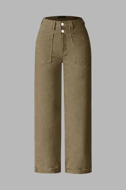 Solid Patch Pocket Dual Button High Rise Straight Leg Crop Pants