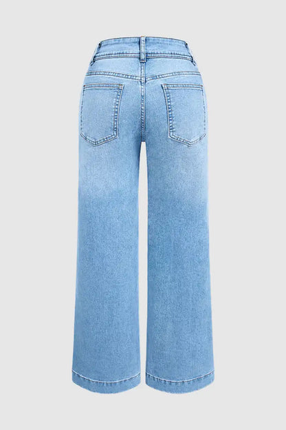 Wash Asymmetrical Stitch Detail Mid Waist Straight Leg Jeans