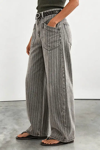 Striped Patch Pocket Mid Waist Wide Leg Pants Without Belt