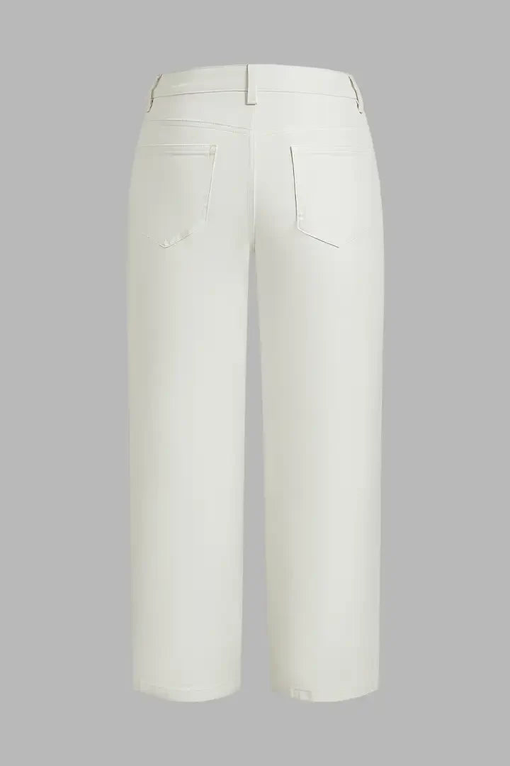 Solid Stitch Detail Patch Pocket Mid Rise Straight Leg Pants