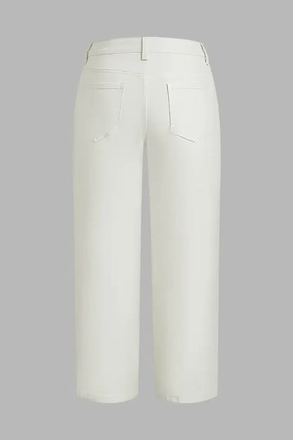 Solid Stitch Detail Patch Pocket Mid Rise Straight Leg Pants