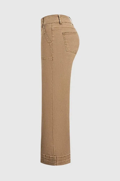 Solid Patched Pocket Mid Waist Wide Leg Pants