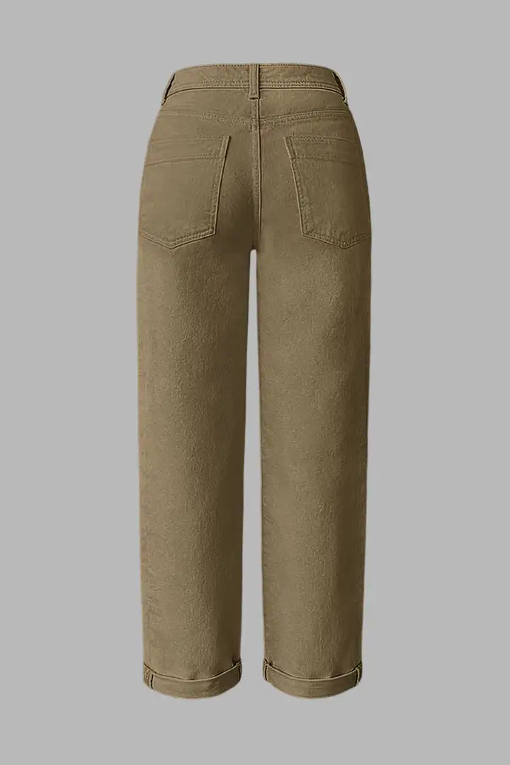 Solid Patch Pocket Dual Button High Rise Straight Leg Crop Pants