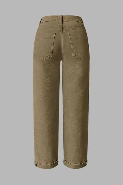 Solid Patch Pocket Dual Button High Rise Straight Leg Crop Pants