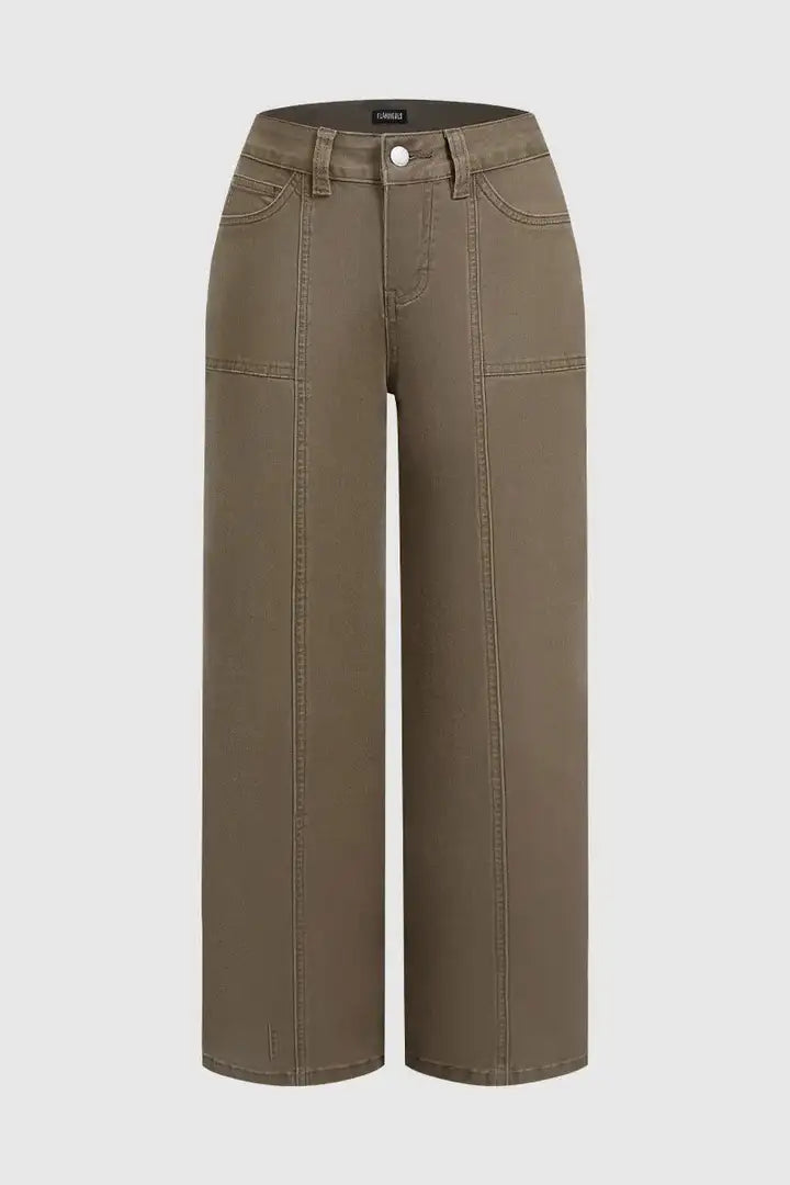 Solid Stitch Detail Mid Waist Straight Leg Pants Without Belt