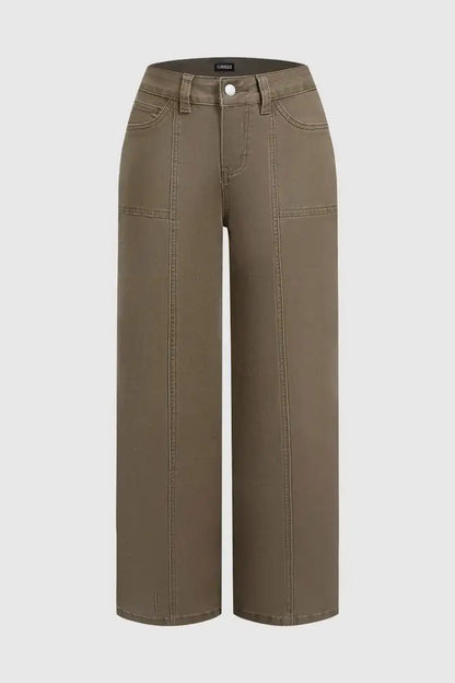Solid Stitch Detail Mid Waist Straight Leg Pants Without Belt
