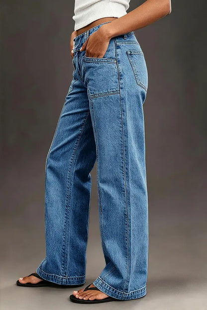 Wash Asymmetrical Stitch Detail Mid Waist Straight Leg Jeans