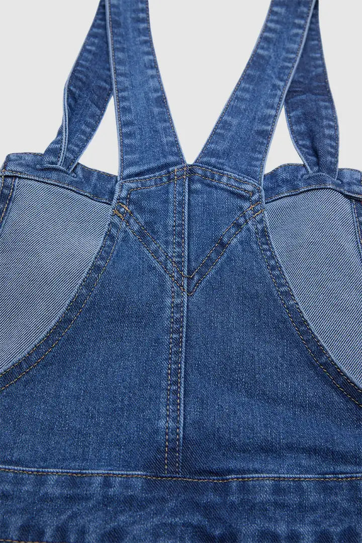 Wash Patch Pocket Pleated Long Denim Overall Dress