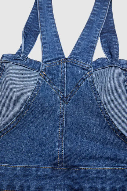 Wash Patch Pocket Pleated Long Denim Overall Dress
