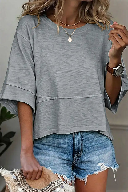 Solid Stitch Detail Round Neck Three Quarter Length Sleeve T-Shirt