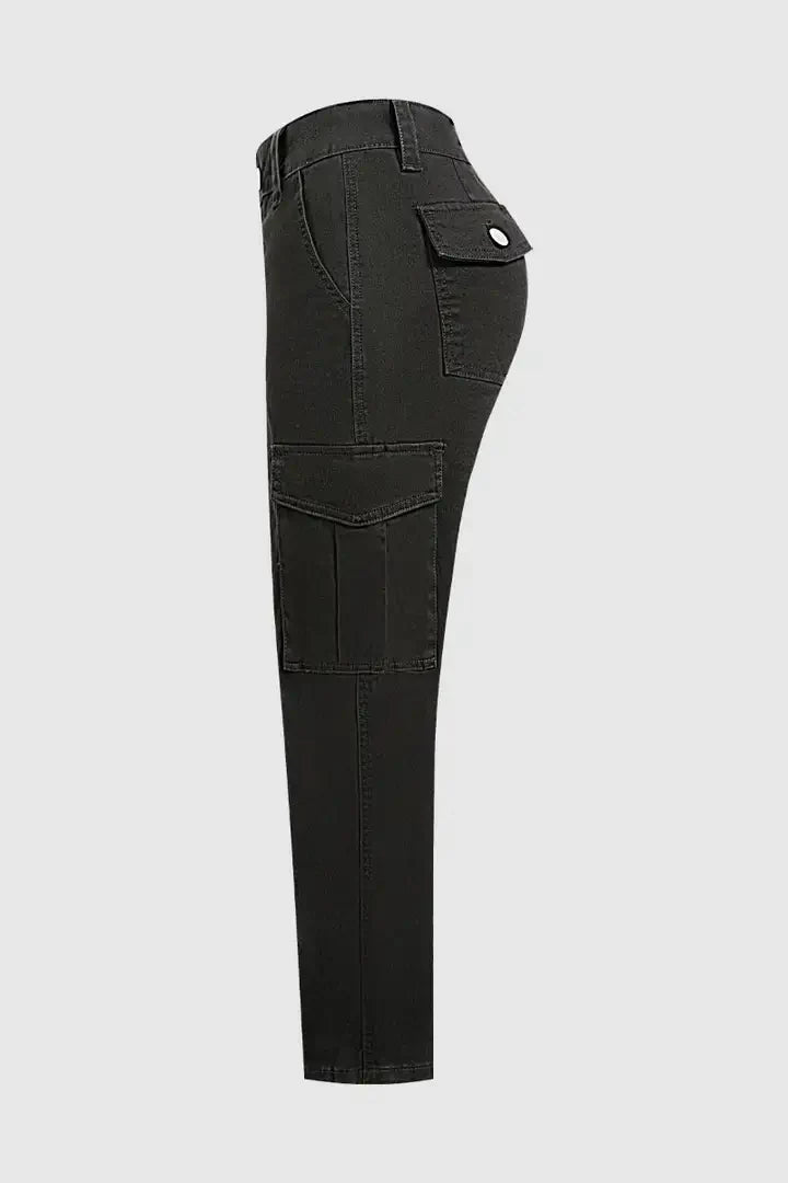 Solid Flap Pocket Mid Waist Tapered Cropped Cargo Pants