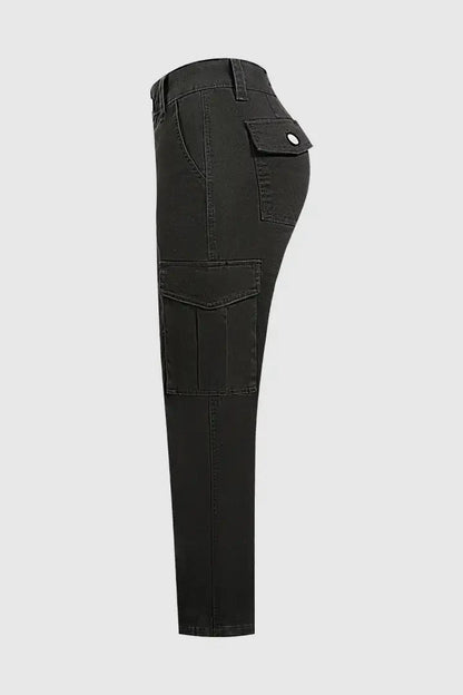 Solid Flap Pocket Mid Waist Tapered Cropped Cargo Pants