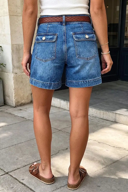 Wash Flap Pocket Split Hem Mid Rise Mid Thigh Cargo Denim Shorts Without Belt