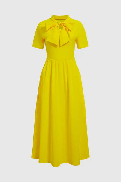 Solid Tie Neck Pleated Midi Dress