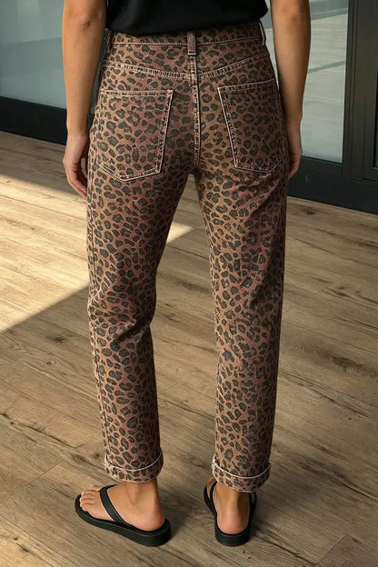 Leopard Print Roll Hem Patch Pocket Mid Waist Straight Leg Cropped Pants