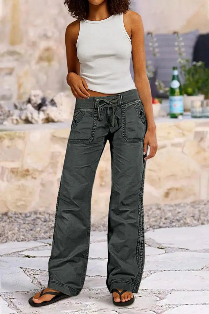 Solid Seam Detail Drawstring Mid Rise Straight Leg Pants