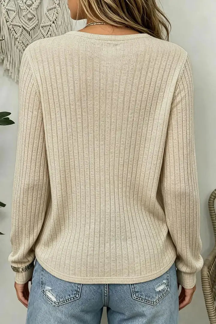 Floral Embroidery Rib Knit Button Front Notched Long Sleeve T-Shirt