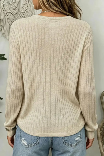 Floral Embroidery Rib Knit Button Front Notched Long Sleeve T-Shirt