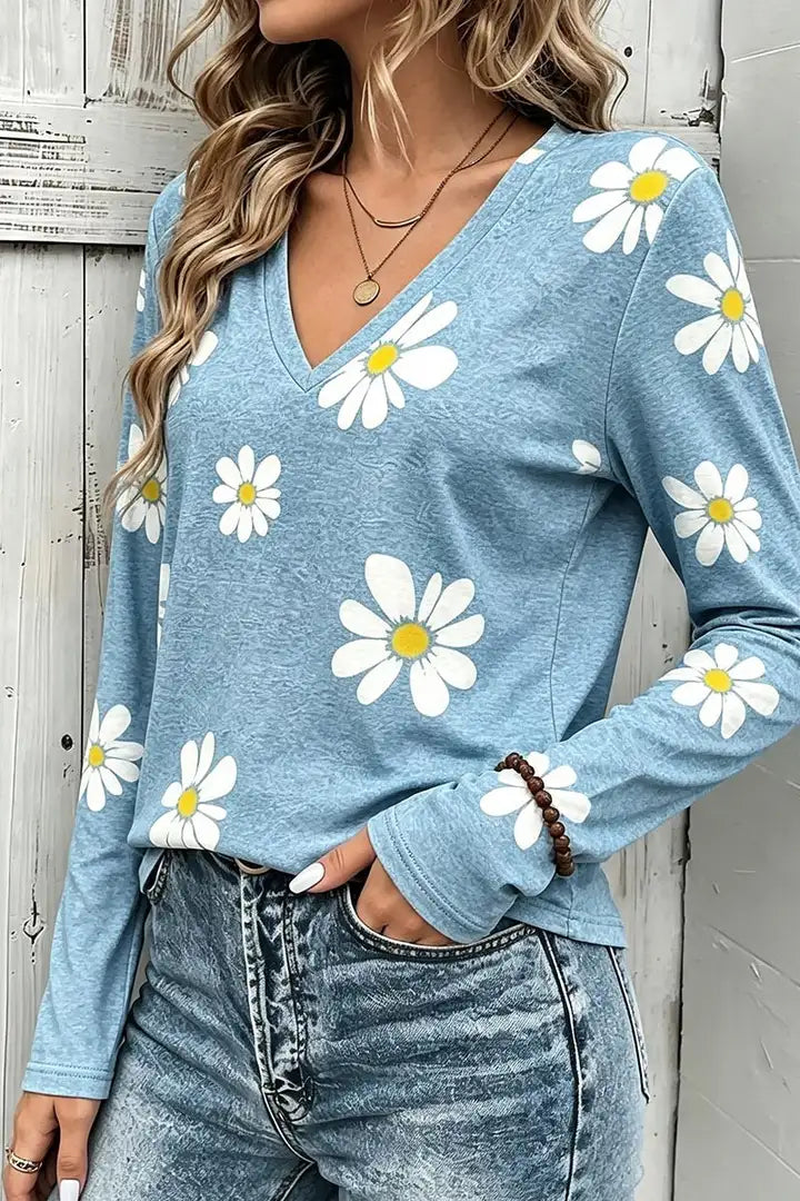 Daisy Print V Neck Long Sleeve T-Shirt