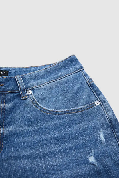 Wash Button Tab Roll Hem Mid Waist Straight Leg Crop Jeans