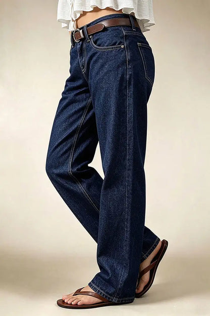 Wash Studded Mid Waist Straight Leg Jeans Without Belt