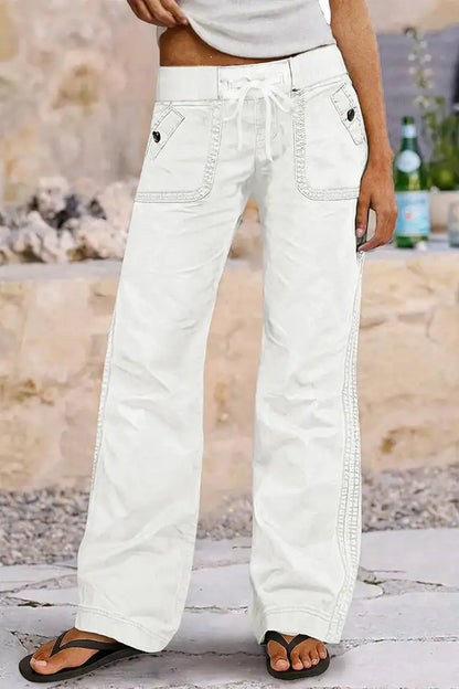Solid Seam Detail Drawstring Mid Rise Straight Leg Pants