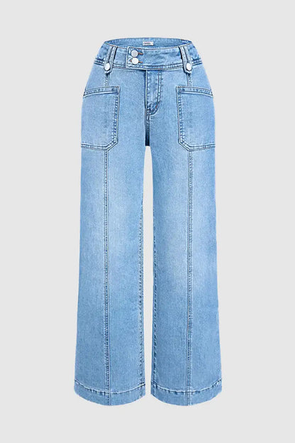 Wash Asymmetrical Stitch Detail Mid Waist Straight Leg Jeans