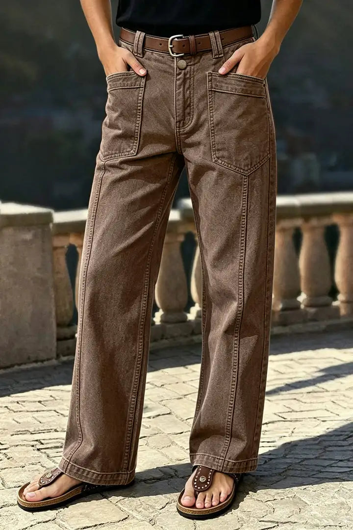 Solid Stitch Detail Patch Pocket Mid Rise Straight Leg Pants