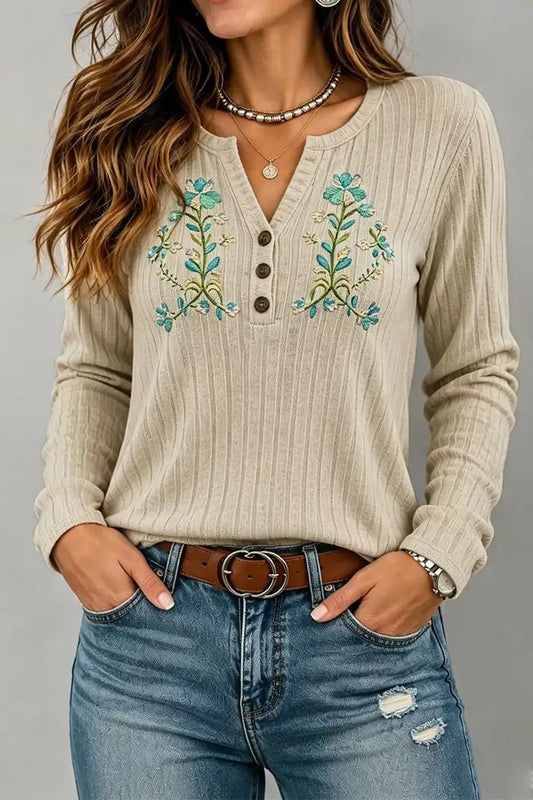 Floral Embroidery Rib Knit Button Front Notched Long Sleeve T-Shirt
