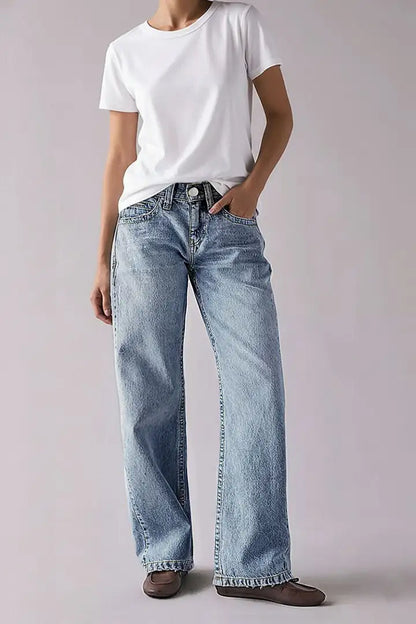 Wash Raw Hem Mid Rise Straight Leg Jeans